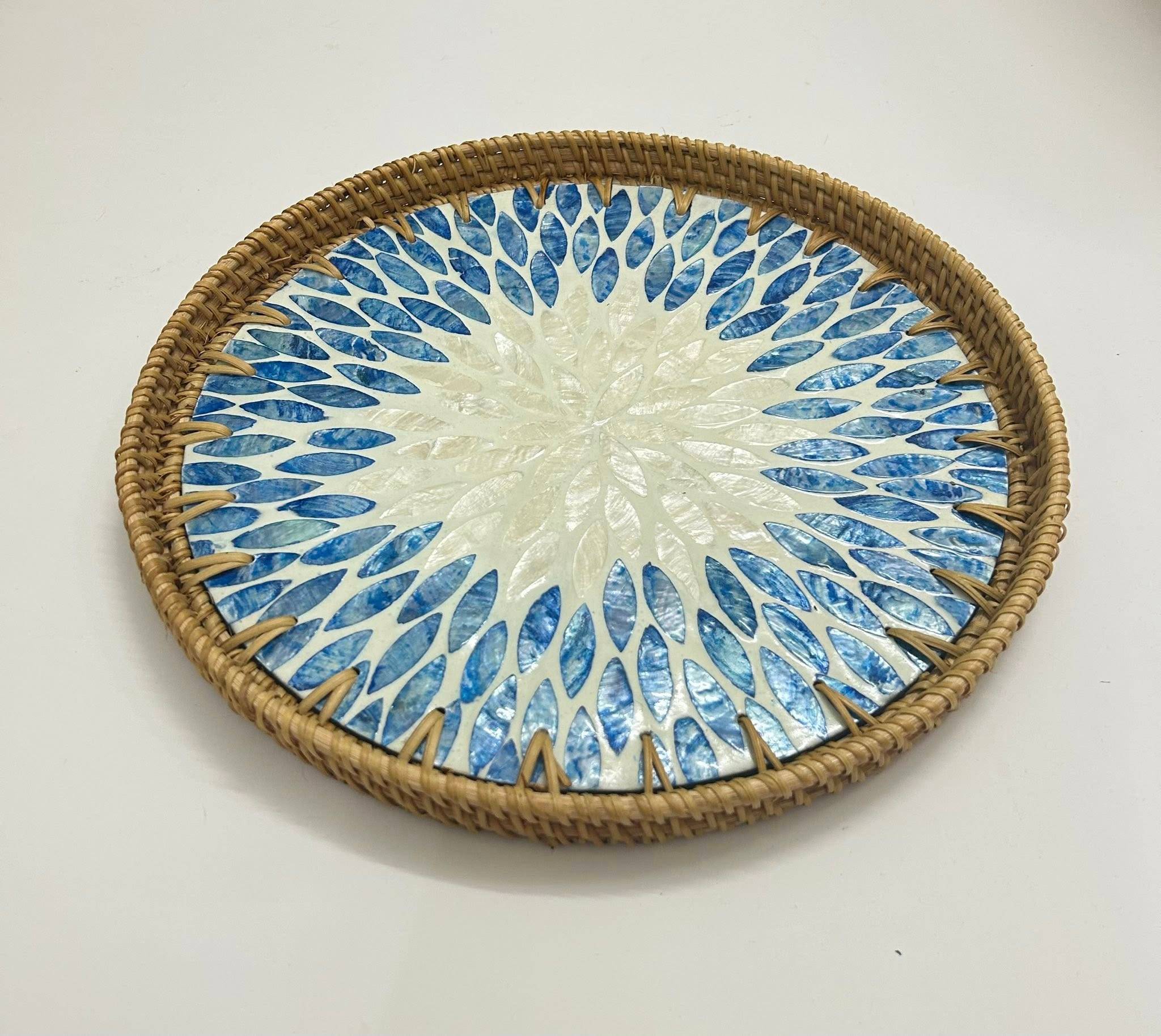 Rattan Tray with Mother of Pearl Inlay Elegant Natural Décor for Modern Living