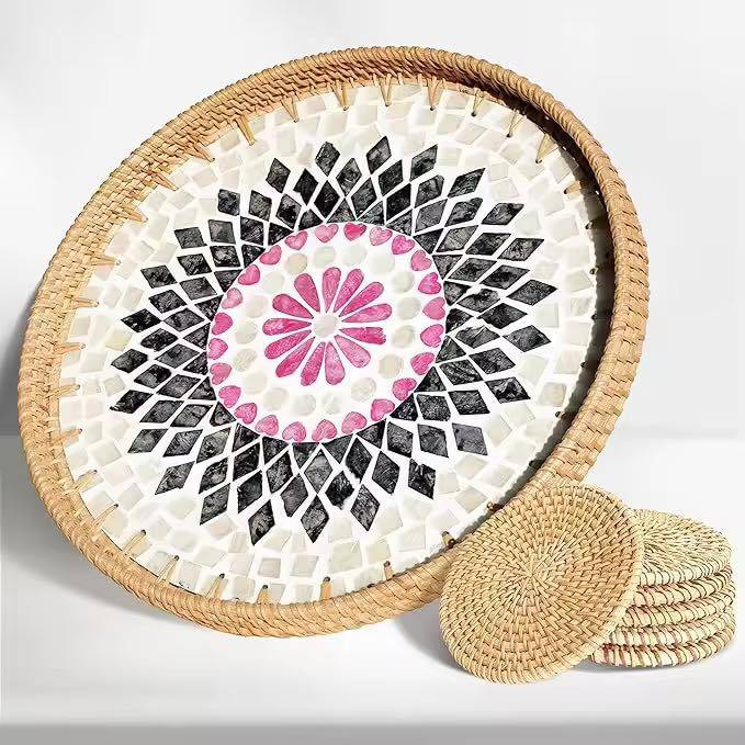 Rattan Plate with Mother of Pearl Inlay Elegant Handcrafted Decor for Luxury Dining