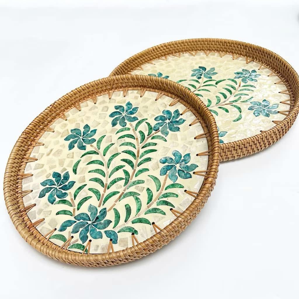 Rattan Plate with Mother of Pearl Inlay Elegant Handcrafted Decor for Luxury Dining